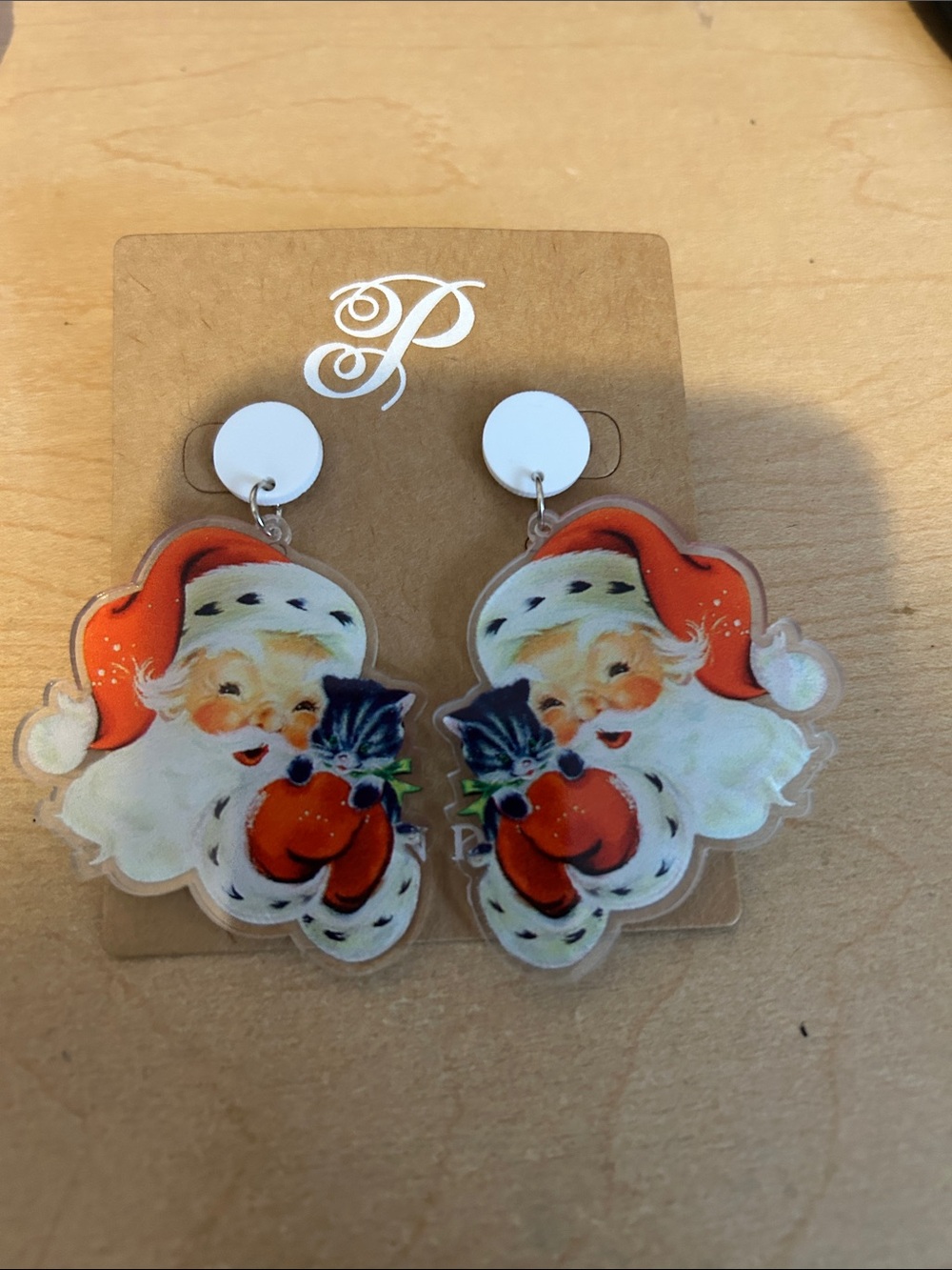 Plunder Santa & Kitten Red White Christmas Earrings